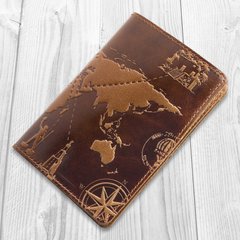 Красивое портмоне с натуральной кожи янтарного цвета с художественным тиснением "7 wonders of the world"