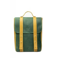 Натуральный кожаный рюкзак 13" зелено-желтый винтажный Blanknote TW-BagBack-13-green-yell-crz