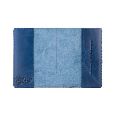 Голубая обложка для паспорта с натуральной глянцевой кожи с художественным тиснением