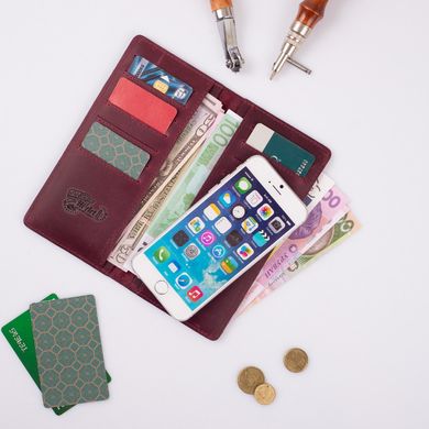 Гарний фіолетовий гаманець з натуральної шкіри з авторським художнім тисненням "Let's Go Travel"