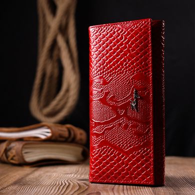 Лакований горизонтальний гаманець з натуральної шкіри з тисненням під змію KARYA 21167 Червоний
