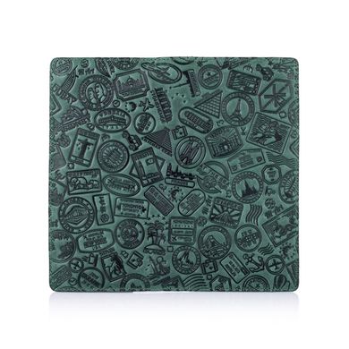 Красивый зеленый кожаный бумажник на 14 карт с авторским тиснением "Let's Go Travel"