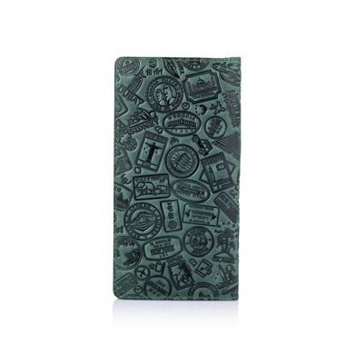 Гарний зелений шкіряний гаманець на 14 карт з авторським тисненням "Let's Go Travel"