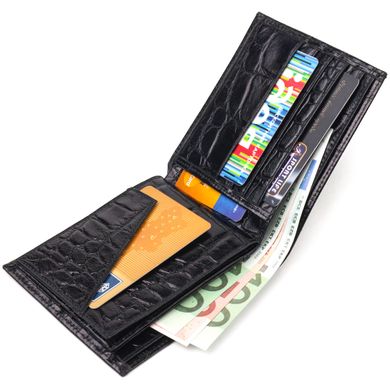 Якісний гаманець для чоловіків у два складення з натуральної фактурної шкіри з тисненням під крокодила CANPELLINI 21584 Чорний