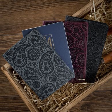 Дизайнерская кожаная обложка для паспорта с отделением для карт голубого цвета, коллекция "Buta Art"