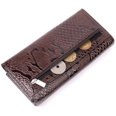 Лакований горизонтальний гаманець з натуральної шкіри з тисненням під змію KARYA 21170 Коричневий
