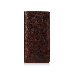 Ергономічний гаманець з глянцевої шкіри коньячного кольору на 14 карт з авторським художнім тисненням "Mehendi Art"