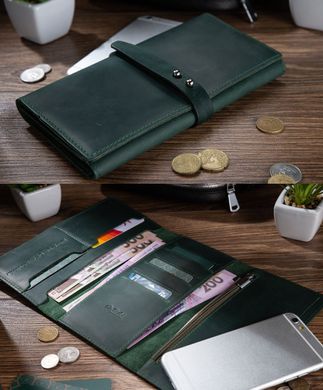 Вместительный кожаный бумажник на кобурном винте зеленого цвета