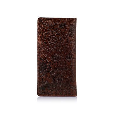 Эргономический бумажник с глянцевой кожи коньячного цвета на 14 карт с авторским художественным тиснением "Mehendi Art"