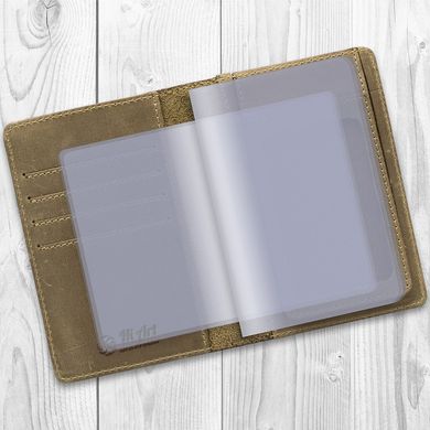 Кожаная обложка-органайзер для документов c вложением ПВХ оливкового цвета