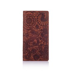Дизайнерский бумажник на 14 карт с натуральной матовой кожи коньячного цвета с авторским художественным тиснением "Mehendi Art"