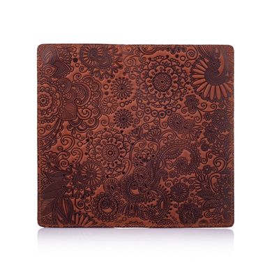 Дизайнерський гаманець на 14 карт з натуральної матової шкіри коньячного кольору з авторським художнім тисненням "Mehendi Art"