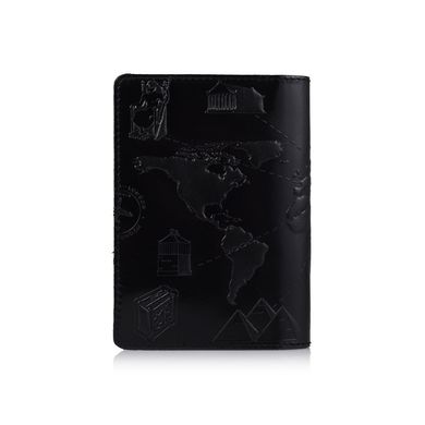 Оригінальна шкіряна обкладинка для паспорта чорного кольору з відділом для ID документів і художнім тисненням "7 wonders of the world"