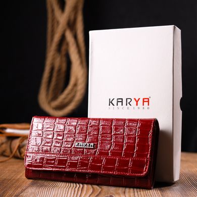 Місткий лакований горизонтальний гаманець з натуральної шкіри з тисненням під крокодила KARYA 21175 Червоний