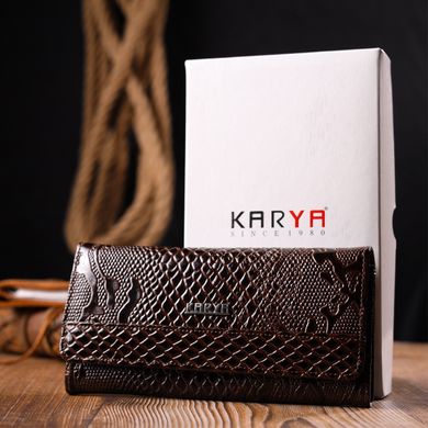 Горизонтальний лакований гаманець із фактурної натуральної шкіри KARYA 21176 Коричневий
