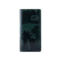 Ергономічний дизайнерський зелений шкіряний гаманець на 14 карт з авторським художнім тисненням "7 wonders of the world"
