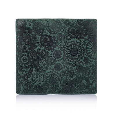 Красивый зеленый кожаный бумажник на 14 карт с авторским тиснением "Mehendi Art"