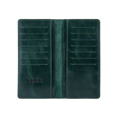 Ергономічний дизайнерський зелений шкіряний гаманець на 14 карт з авторським художнім тисненням "7 wonders of the world"