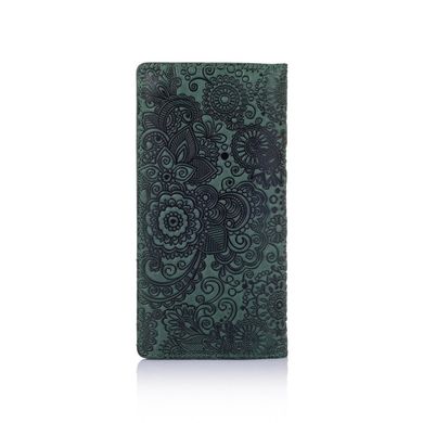 Красивый зеленый кожаный бумажник на 14 карт с авторским тиснением "Mehendi Art"