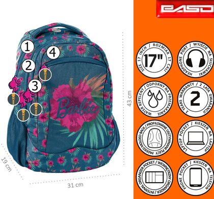 Яскравий молодіжний рюкзак на 3 відділення 25L Paso Barbie Flowers BAI-2808 синій