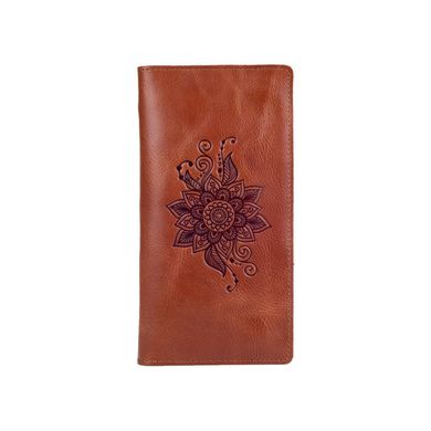 Эргономический бумажник с глянцевой кожи янтарного цвета на 14 карт с авторским художественным тиснением "Mehendi Classic"