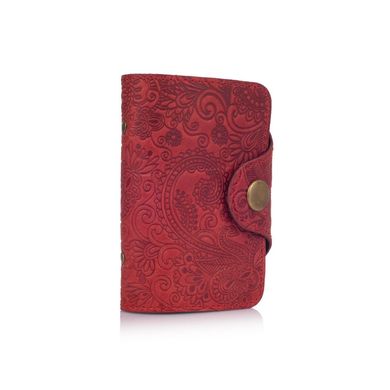 Удобный кожаный картхолдер красного цвета с художественным тиснением "Mehendi Art"