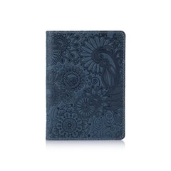 Дизайнерська шкіряна обкладинка для паспорта блакитного кольору, колекція "Mehendi Art"