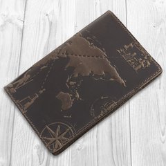 Оригінальна шкіряна коричнева обкладинка для паспорта з відділом для ID документів і художнім тисненням "7 wonders of the world"