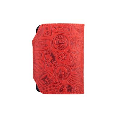 Удобный кожаный картхолдер красного цвета с художественным тиснением "Let's Go Travel"