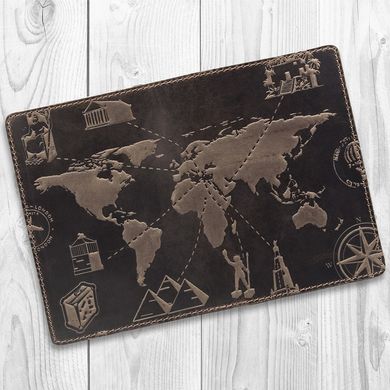 Оригинальная кожаная коричневая обложка для паспорта с отделом для ID документов и художественным тиснением "7 wonders of the world"