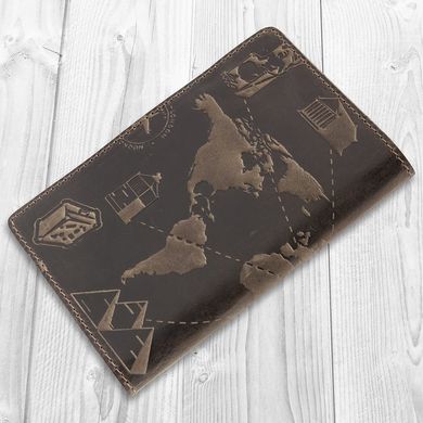 Оригінальна шкіряна коричнева обкладинка для паспорта з відділом для ID документів і художнім тисненням "7 wonders of the world"