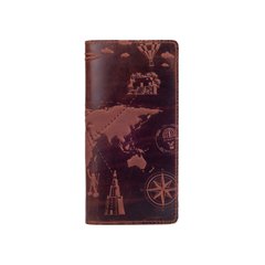 Дизайнерский бумажник на 14 карт с натуральной матовой кожи коньячного цвета с авторским художественным тиснением "7 wonders of the world"