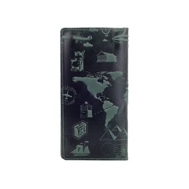 Красивый зеленый кожаный бумажник на 14 карт с авторским тиснением "7 wonders of the world"
