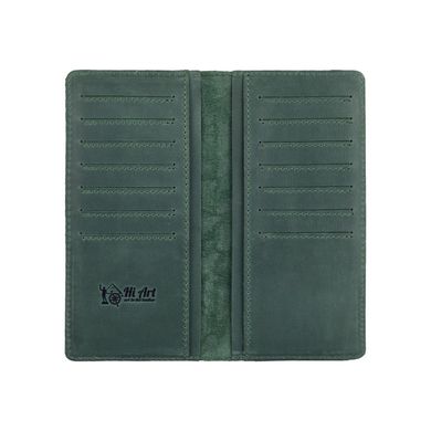 Красивый зеленый кожаный бумажник на 14 карт с авторским тиснением "7 wonders of the world"