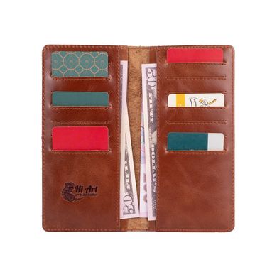 Ергономічний гаманець з глянсової шкіри бурштинового кольору на 14 карт з авторським художнім тисненням "Buta Art"
