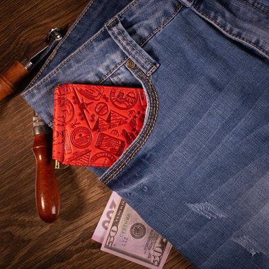 Красный дизайнерский зажим для денег с натуральной матовой кожи, коллекция "Let's Go Travel"