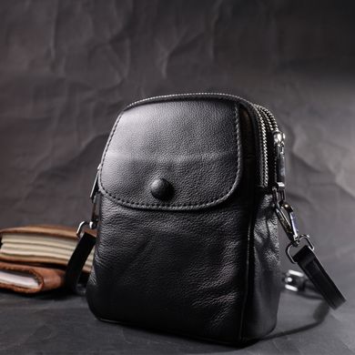 Вертикальна невелика сумка для жінок на два відділення з натуральної шкіри Vintage 22399 Чорна