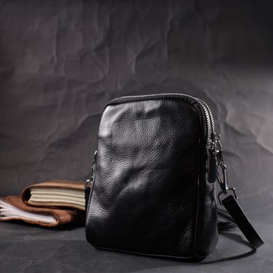 Вертикальная небольшая сумка для женщин на два отделения из натуральной кожи Vintage 22399 Черная