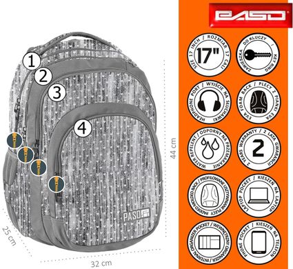 Вместительный женский рюкзак с сердечками Paso 30L PPMM19-2706 серый