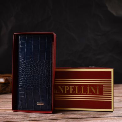 Красивий чоловічий вертикальний гаманець із натуральної шкіри з тисненням під крокодила CANPELLINI 21901 Синій