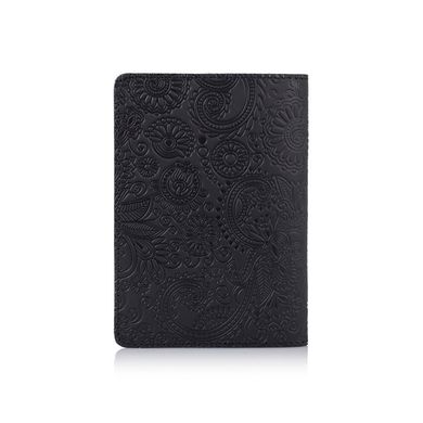 Дизайнерська шкіряна обкладинка для паспорта чорного кольору з відділенням для карт, колекція "Mehendi Art"