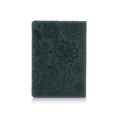 Оригінальна шкіряна обкладинка для паспорта з відділенням для карт зеленого кольору з художнім тисненням "Mehendi Art"