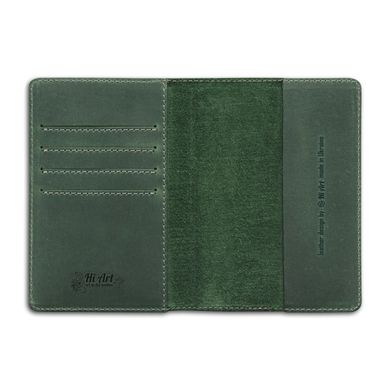Оригінальна шкіряна обкладинка для паспорта з відділенням для карт зеленого кольору з художнім тисненням "Mehendi Art"