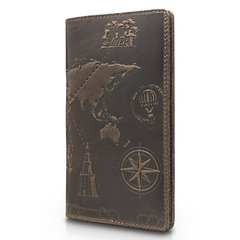 Вместительное кожаное портмоне коричневого цвета с авторским художественным тиснением "7 wonders of the world"