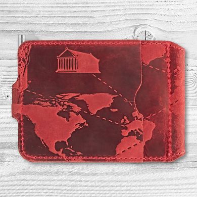 Красный дизайнерский зажим для денег с натуральной матовой кожи, коллекция "7 wonders of the world"