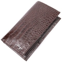 Надежный вертикальный бумажник из натуральной кожи с тиснением под крокодила KARYA 21140 Коричневый