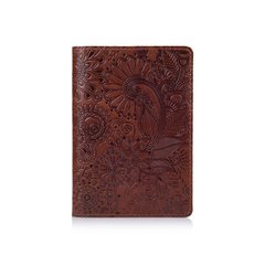 Оригінальна дизайнерська шкіряна обкладинка для паспорта ручної роботи коньячного кольору