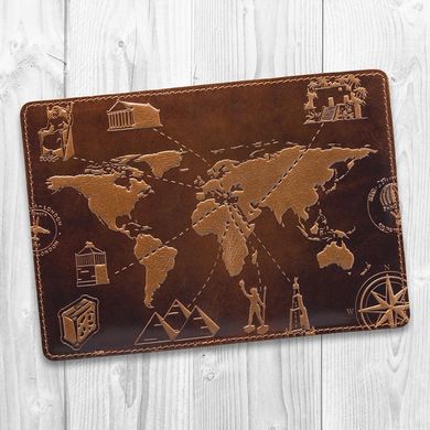 Красивое портмоне с натуральной кожи янтарного цвета с художественным тиснением "7 wonders of the world"