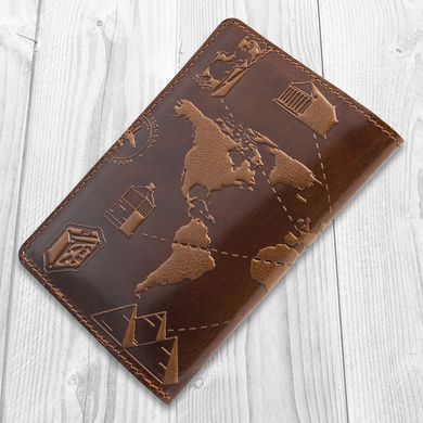 Красиве портмоне з натуральної шкіри бурштинового кольору з художнім тисненням "7 wonders of the world"
