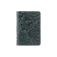 Красивая зеленая кожаная обложка-органайзер для ID паспорта и других документов / карт, коллекция "Mehendi Art"